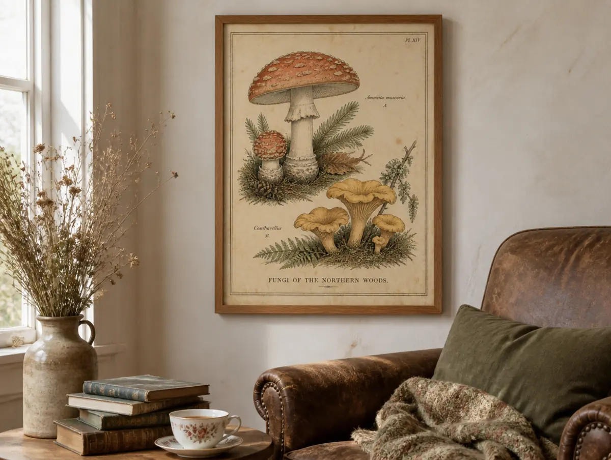 A framed botanical plate hung in a cozy reading nook